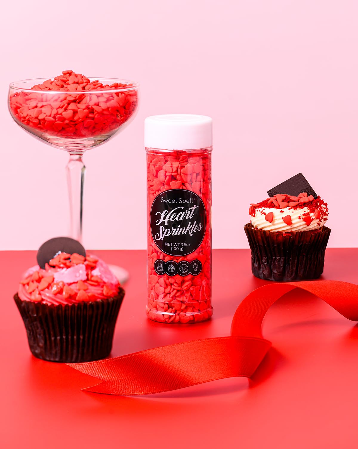 Sweet Spell edible heart sprinkles close-up highlighting vibrant color.
