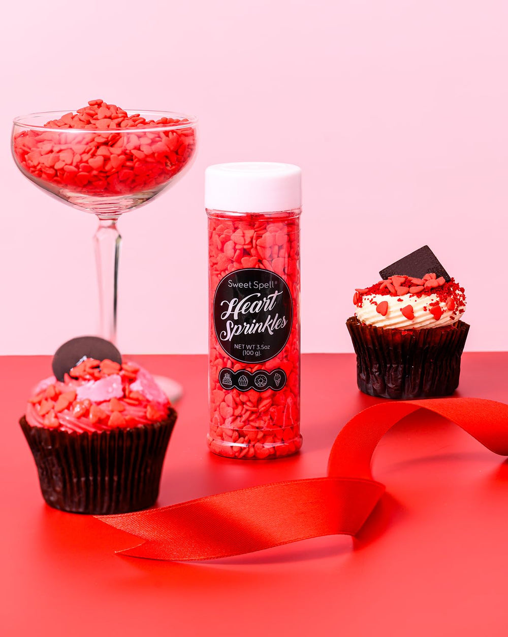 Sweet Spell edible heart sprinkles close-up highlighting vibrant color.