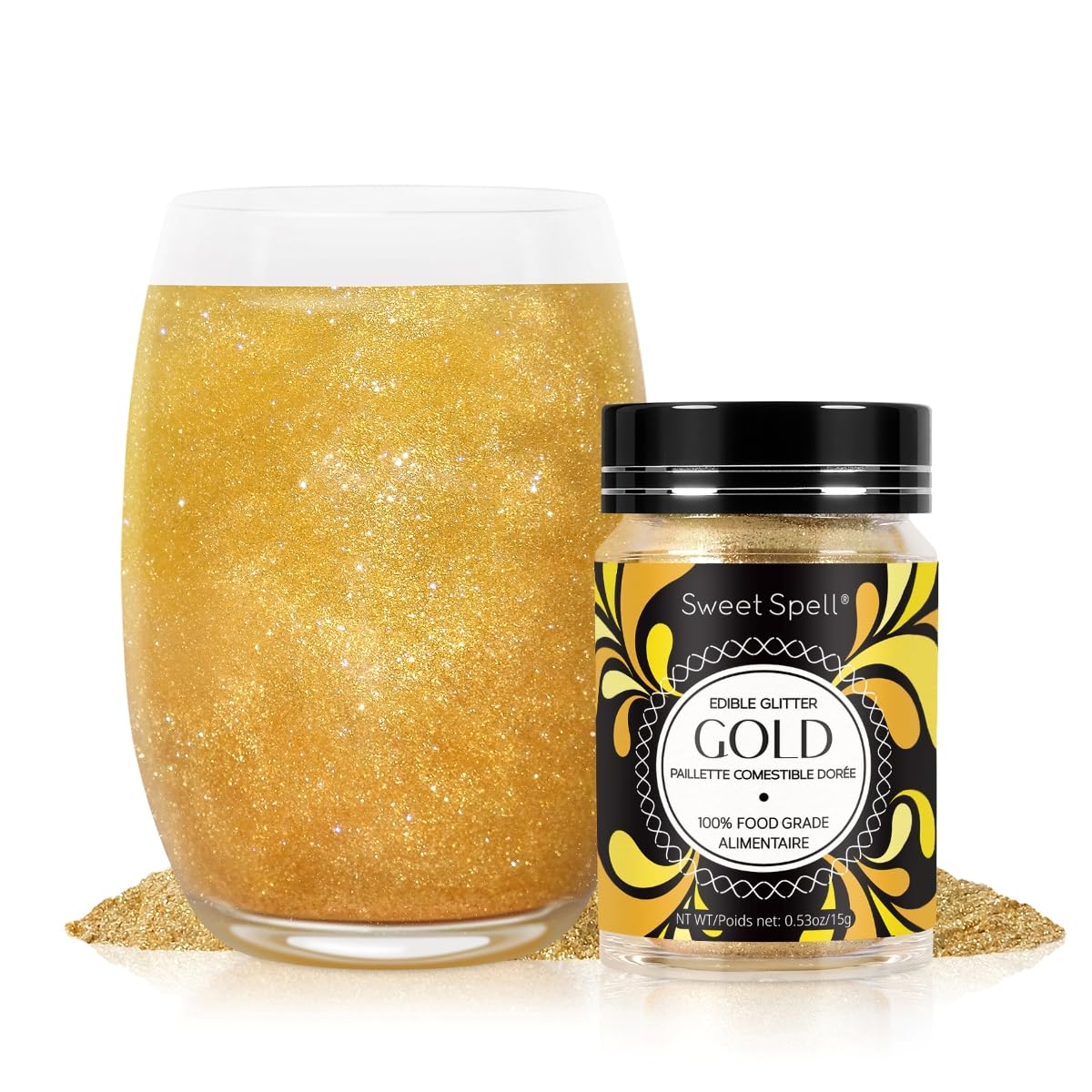 Sweet Spell Gold edible glitter bottle shines on drinks and desserts for dazzling visuals.