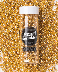 Sweet Spell gold pearl sprinkles in a cake-decorating jar for an elegant finish.