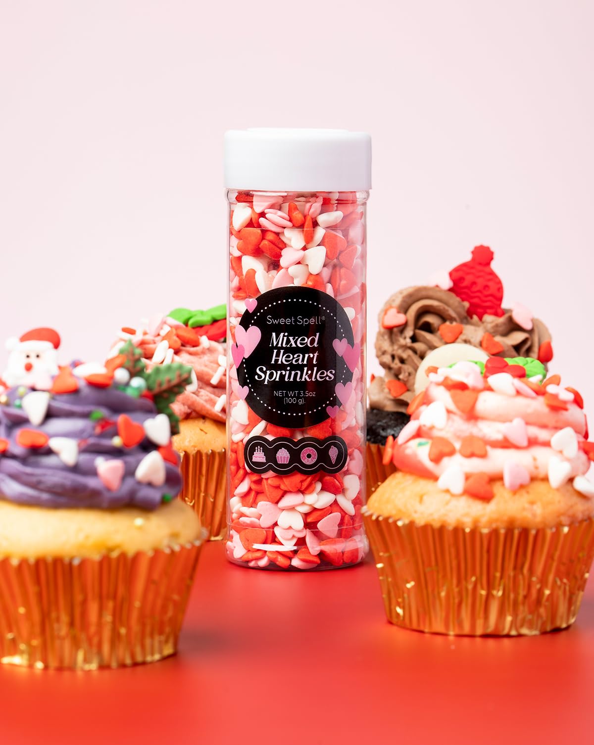 Sweet Spell heart sprinkles closeup shows bright colors and shine.