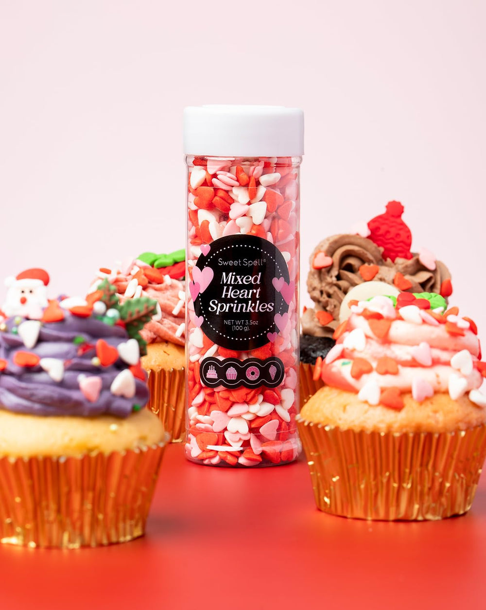 Sweet Spell heart sprinkles closeup shows bright colors and shine.