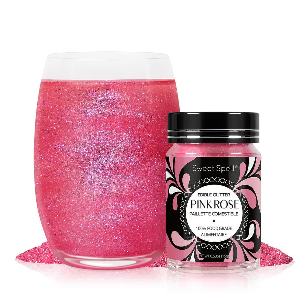 Sweet Spell pink edible glitter bottle adds shimmering shine to beverages.