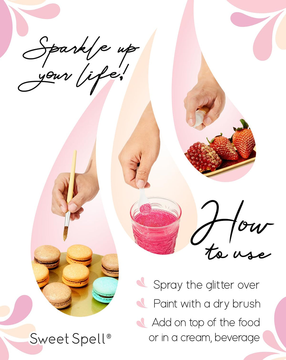 Sweet Spell pink edible glitter sprinkled over drinks creates eye-catching cocktails.