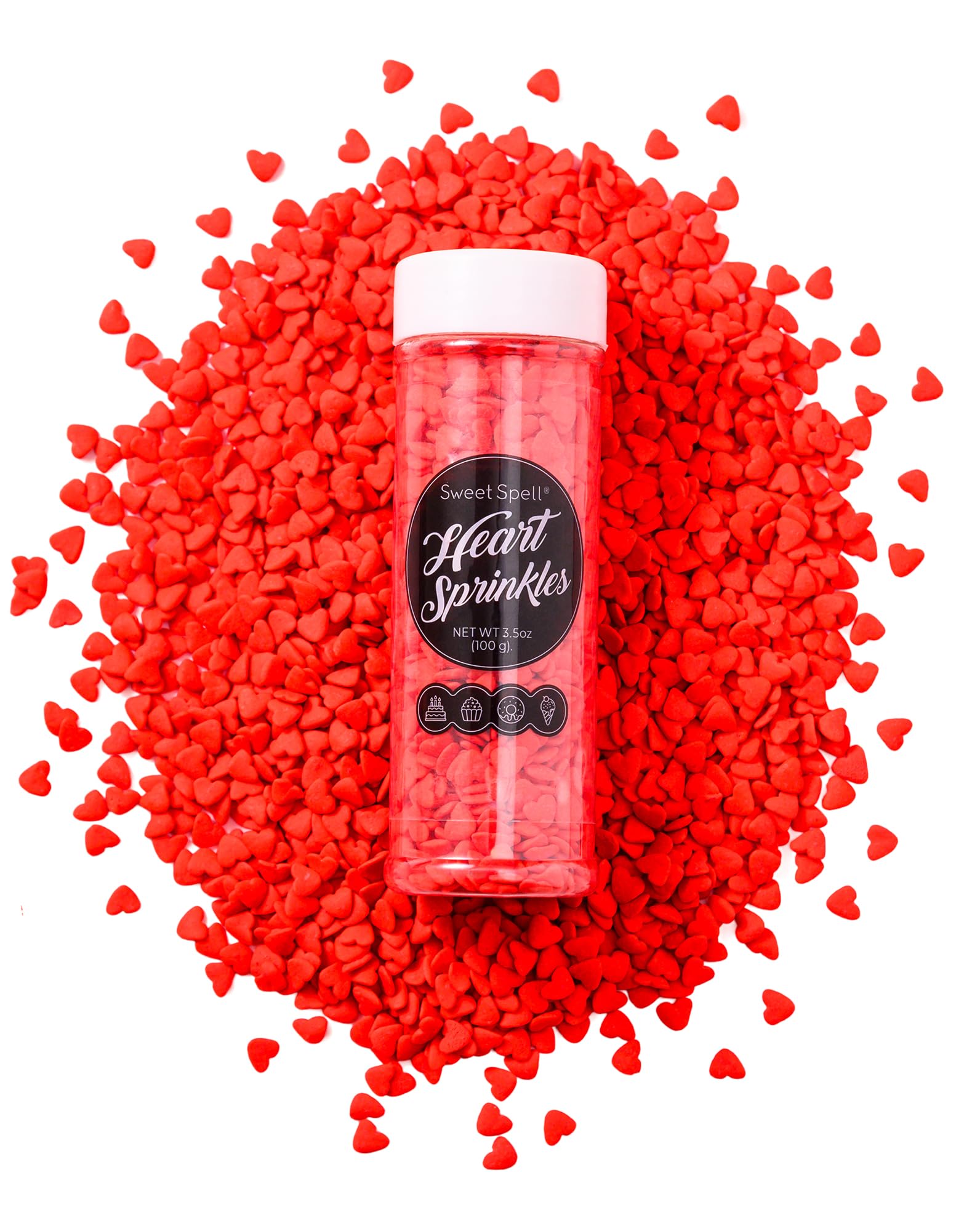 Sweet Spell red heart sprinkles on cake for festive decoration.