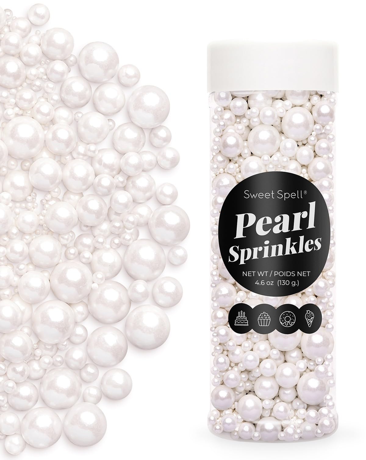 Sweet Spell White Pearl Sprinkles on cake for elegant finish.