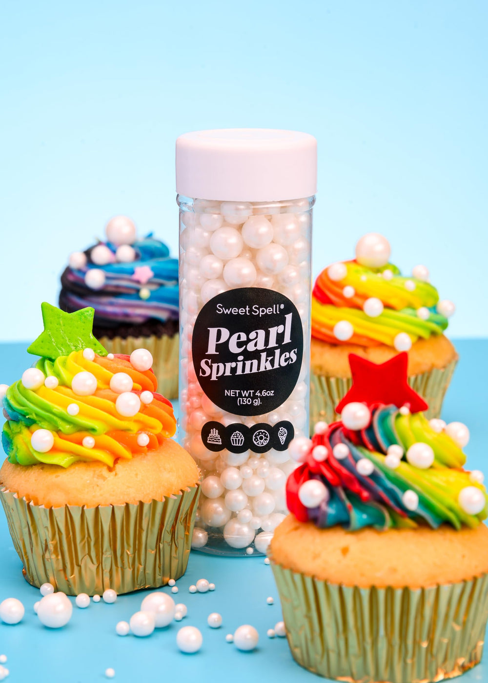 Jar display of Sweet Spell White Pearl Sprinkles for finishing touches.