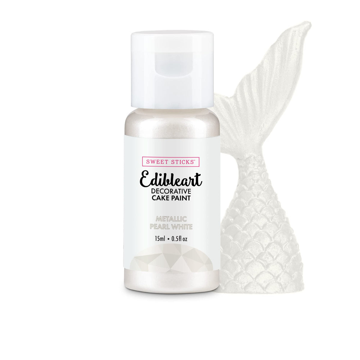 Sweet Sticks Pearl White metallic paint bottle close-up for edible art projects.