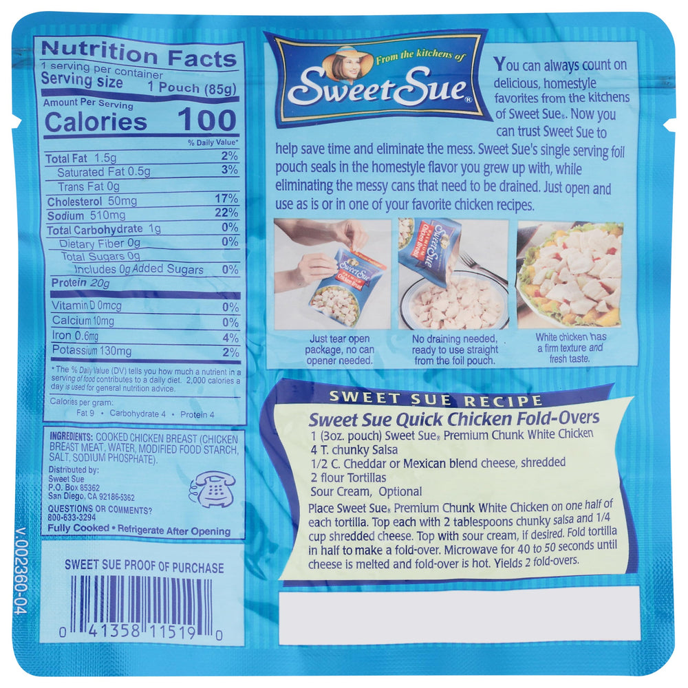 Sweet Sue chicken breast chunks in water deliver moist texture for casseroles.