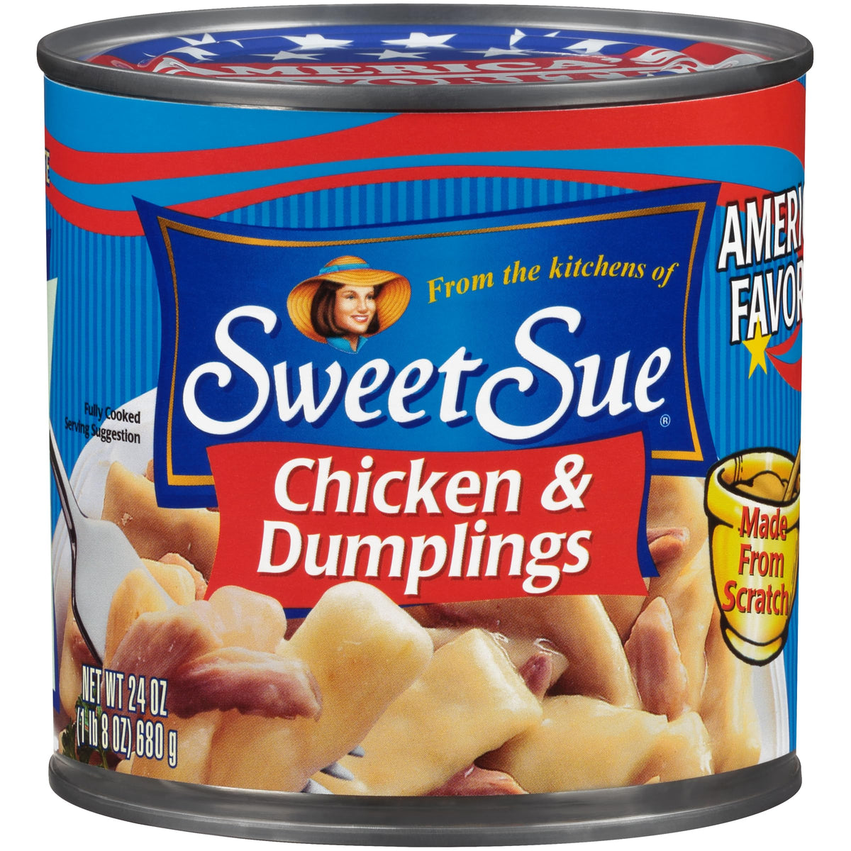 Sweet Sue Chicken & Dumplings can front view, ready-to-serve comfort for busy weeknights.
