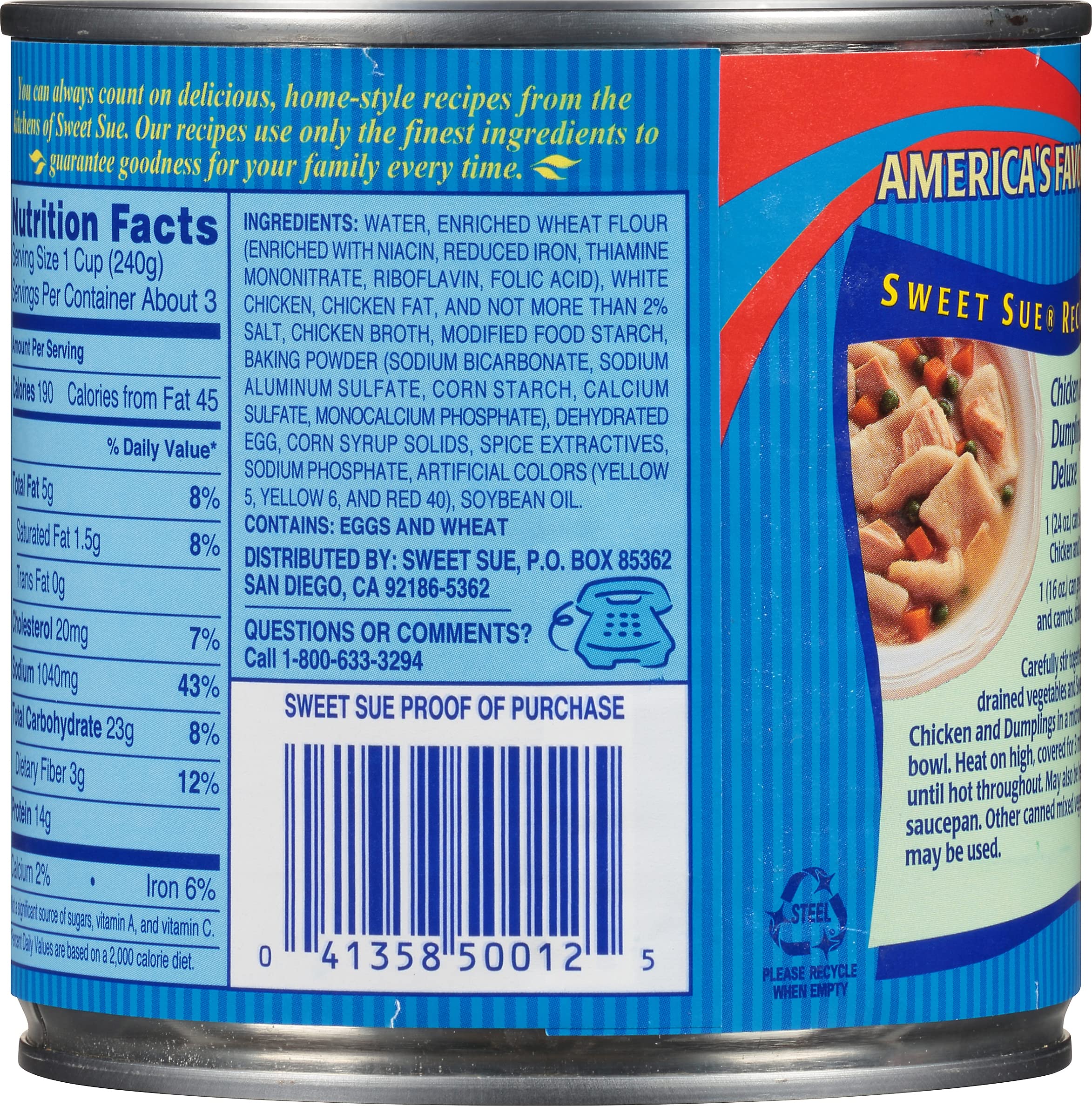 Sweet Sue Chicken & Dumplings in a can with steam suggests quick, satisfying lunches.