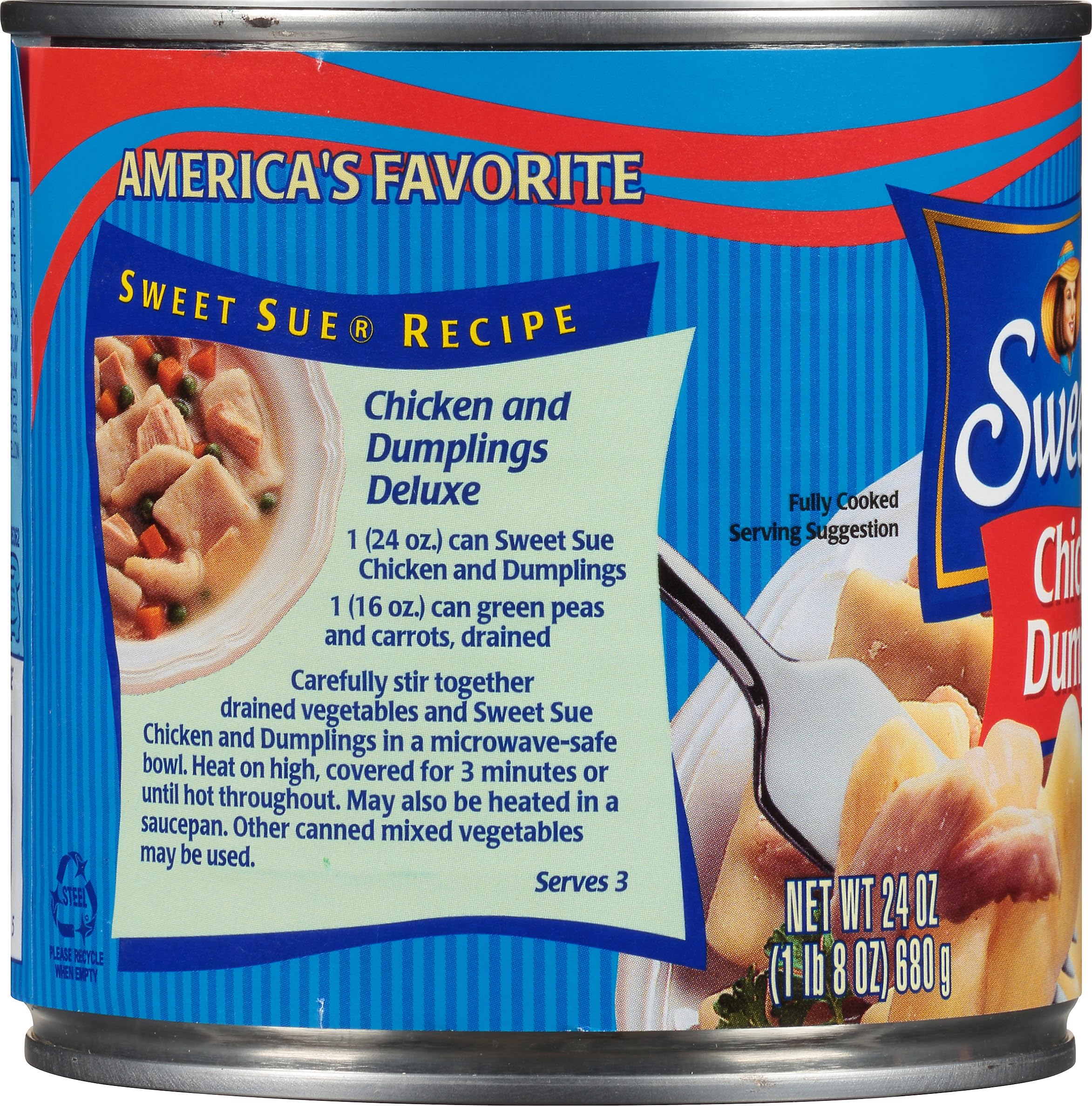 Sweet Sue Chicken & Dumplings serving bowls at table, perfect for family dinners.