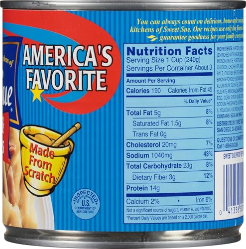 Sweet Sue Chicken & Dumplings label close-up shows 14g protein per serving.