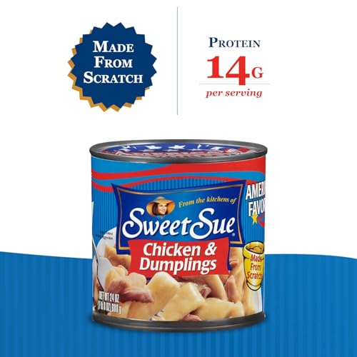 Sweet Sue Chicken & Dumplings poured into a bowl, showcasing home-style dumplings.