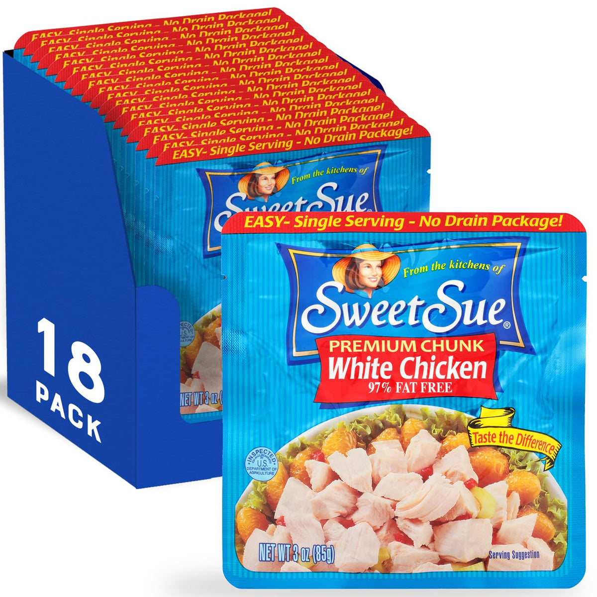 Sweet Sue premium chicken breast chunks in a pouch ready for quick meals.