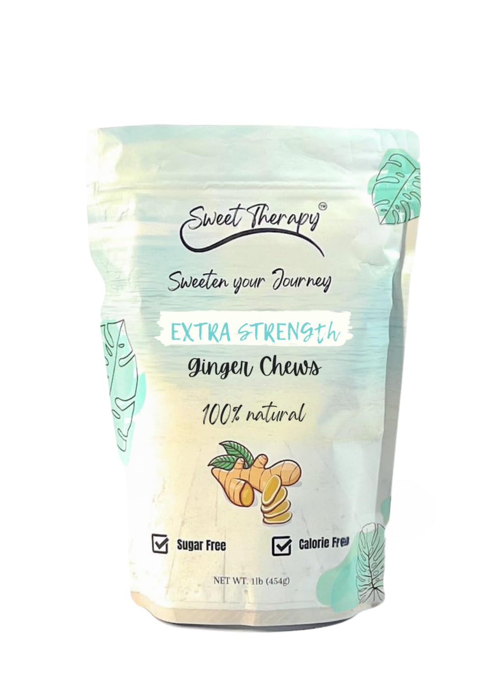 Sweet Therapy ginger chews bag closeup for convenient sugar-free snacking.