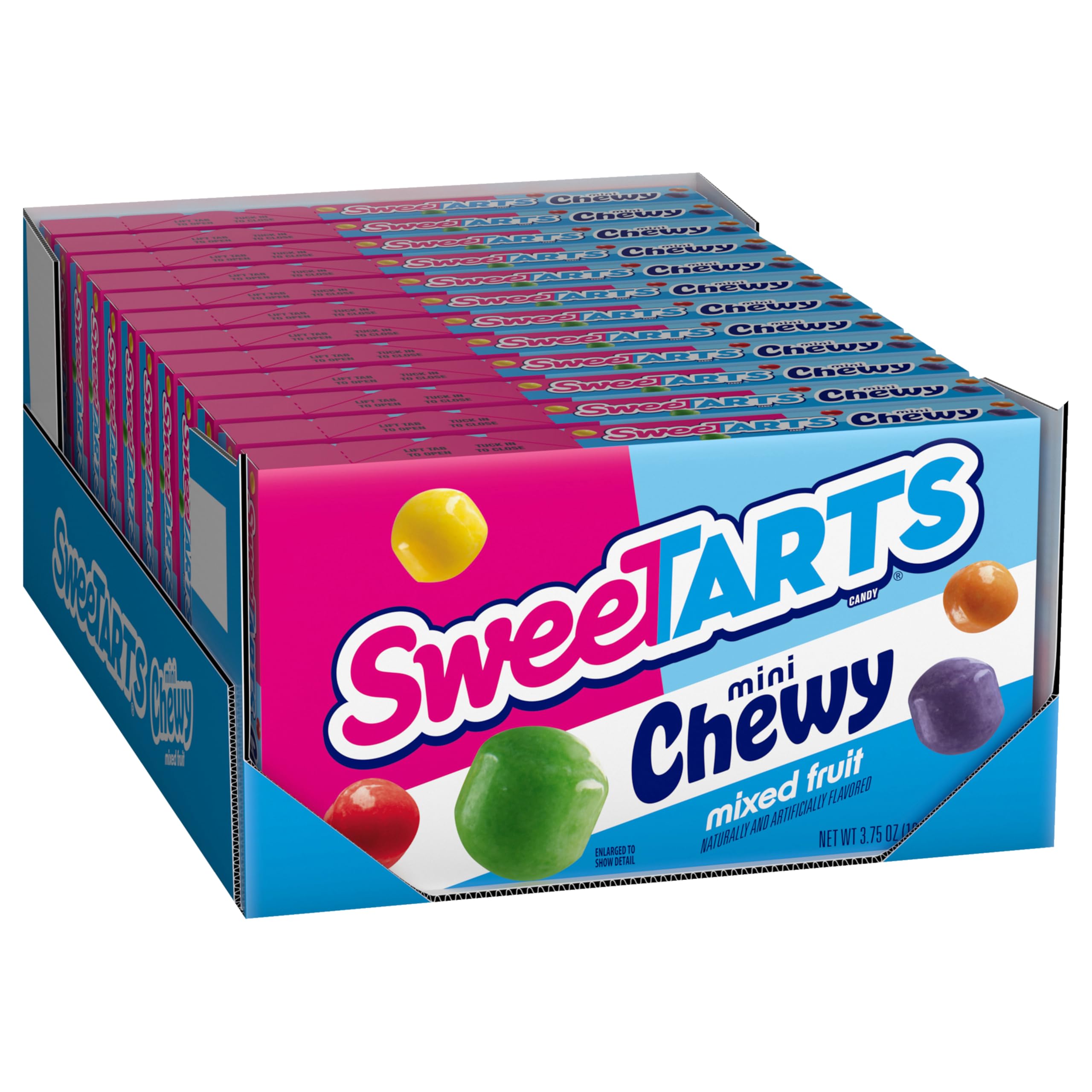 SweeTARTS Mini Chewy Mixed Fruit theater box close-up, bright color assortment for snacking