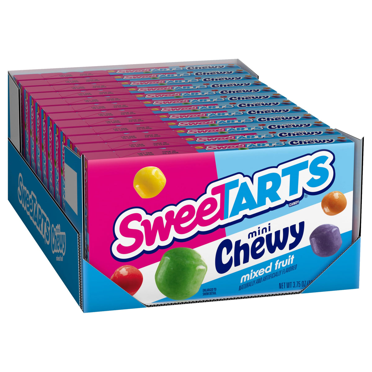 SweeTARTS Mini Chewy Mixed Fruit theater box close-up, bright color assortment for snacking