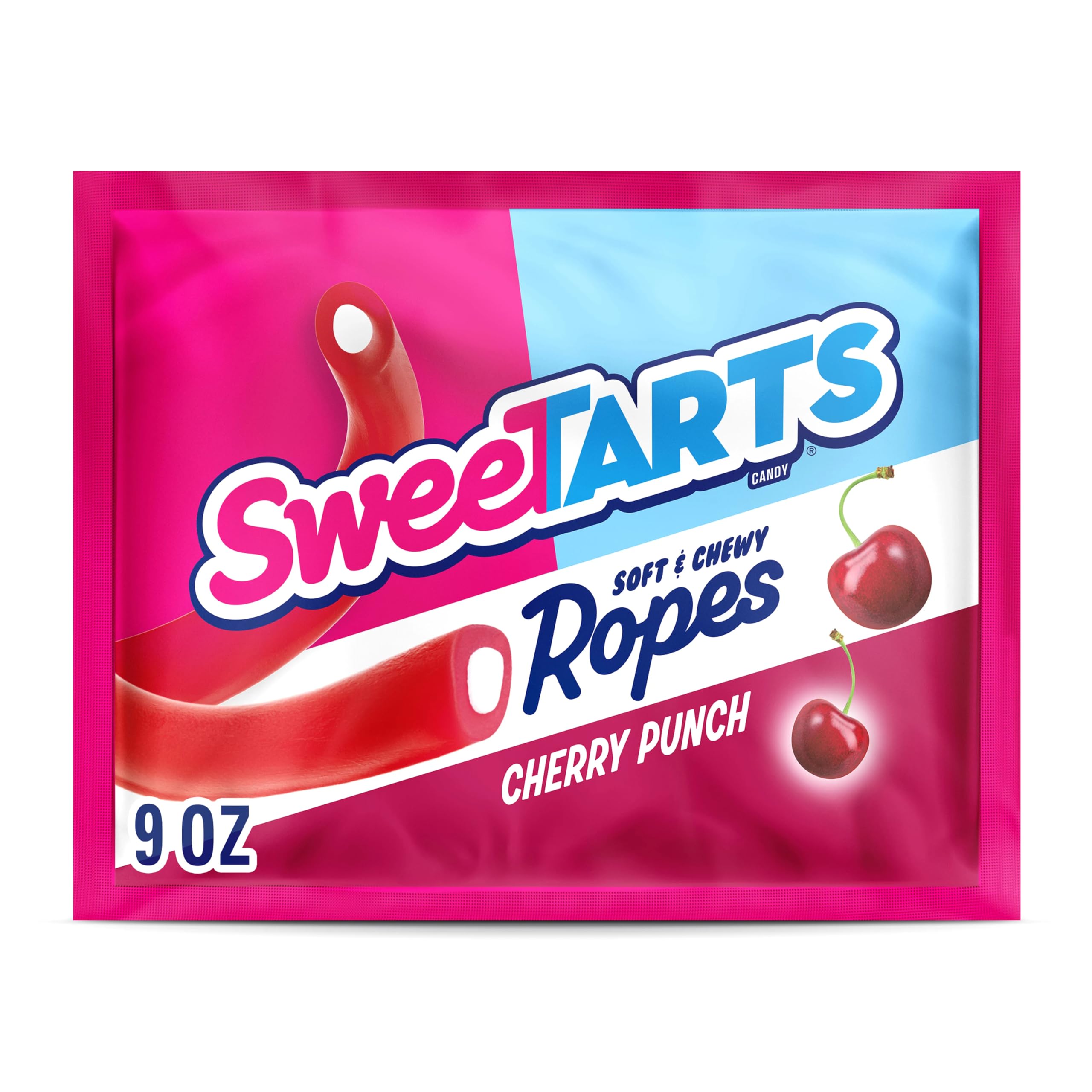 SweeTARTS Ropes Cherry Punch packfront shows a shareable 9 oz bag for bold snacking.