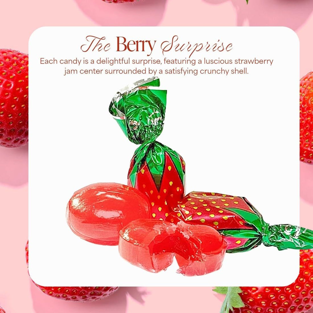 Close view of wrapped candies showing strawberry flavor cue from SweetGourmet Arcor.