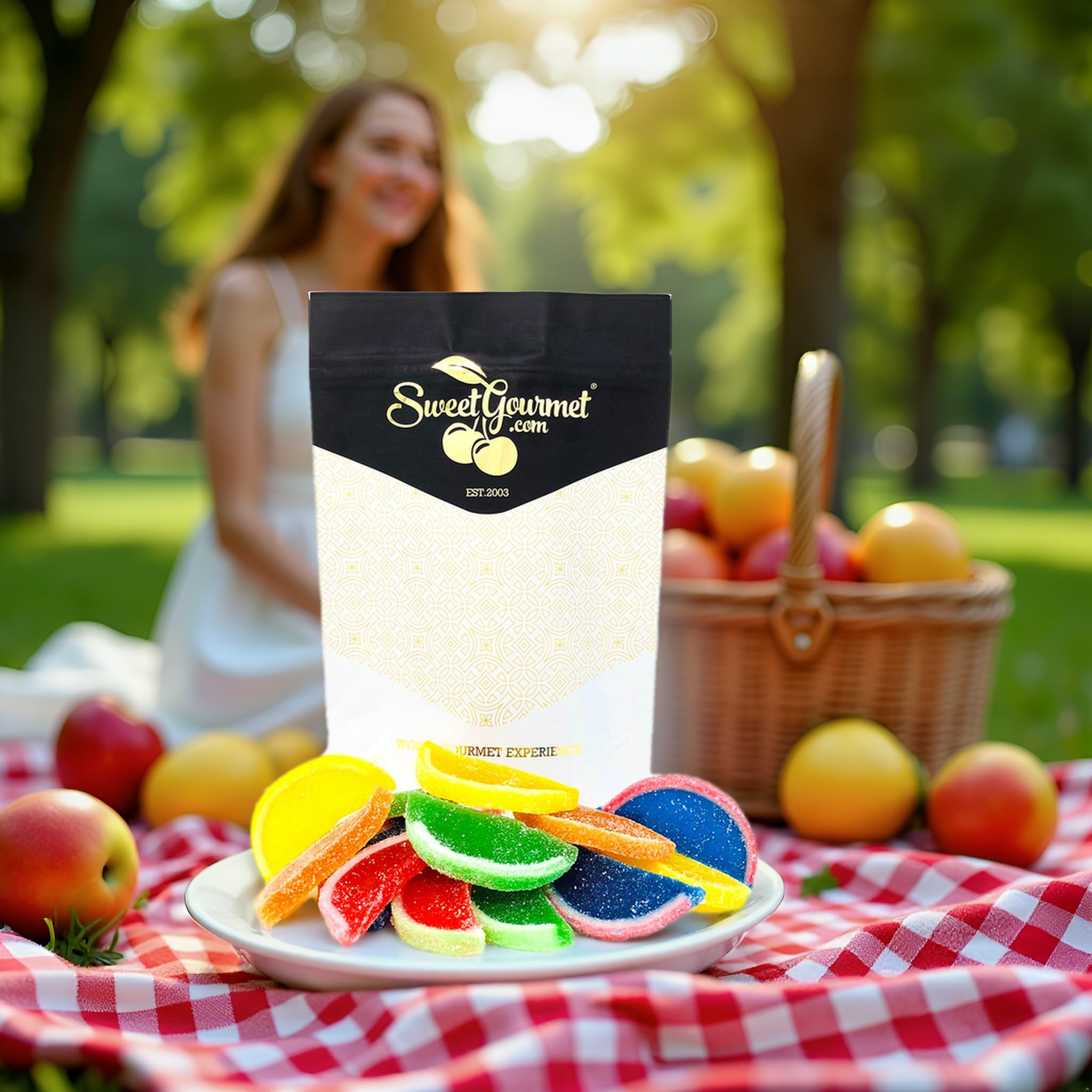 SweetGourmet Assorted Fruit Slices packaging highlights vegan and gluten-free claims
