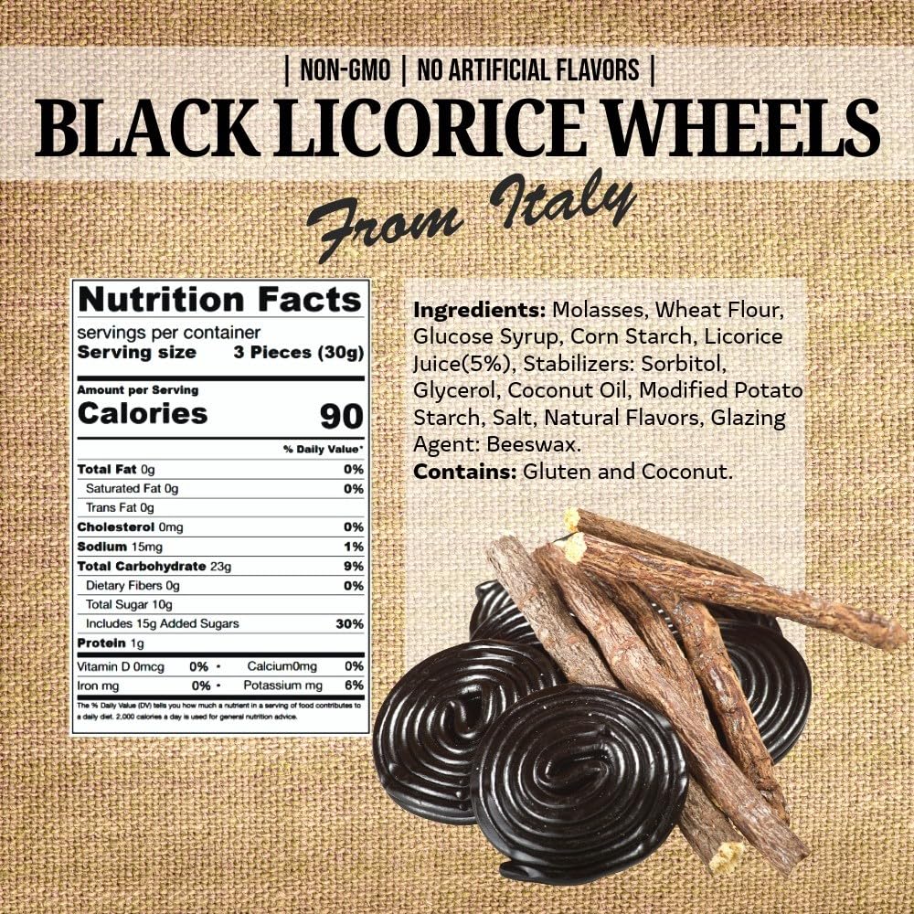 SweetGourmet black licorice wheels close-up showing glossy texture