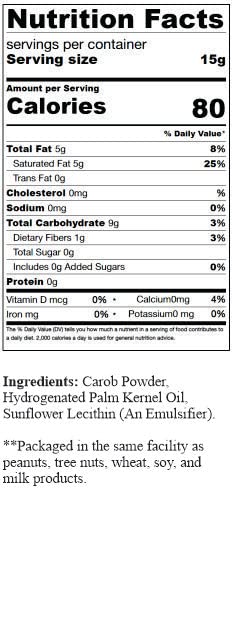 SweetGourmet carob drops in resealable pouch preserve freshness.