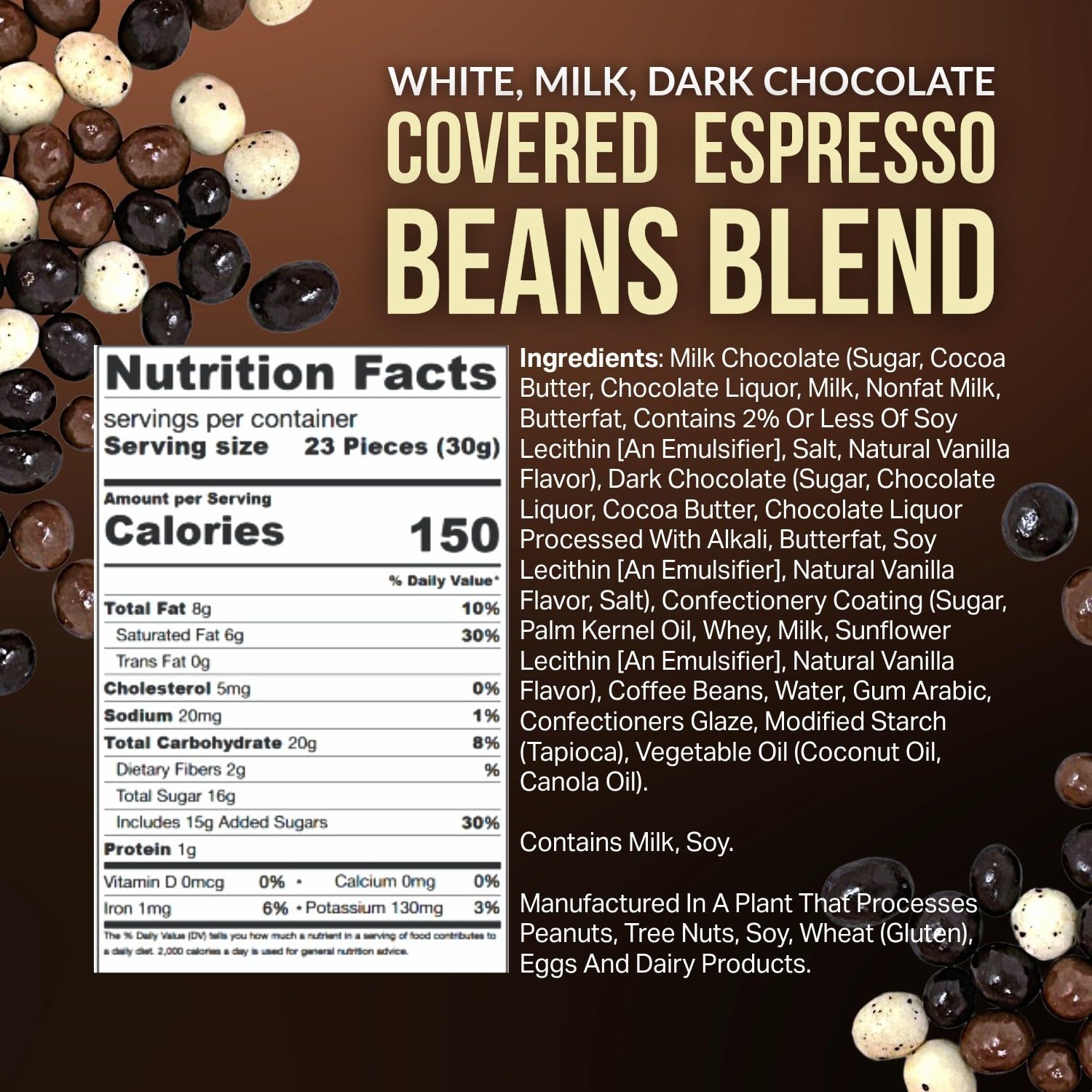 SweetGourmet espresso beans coated in milk chocolate delivering a smooth, creamy texture.