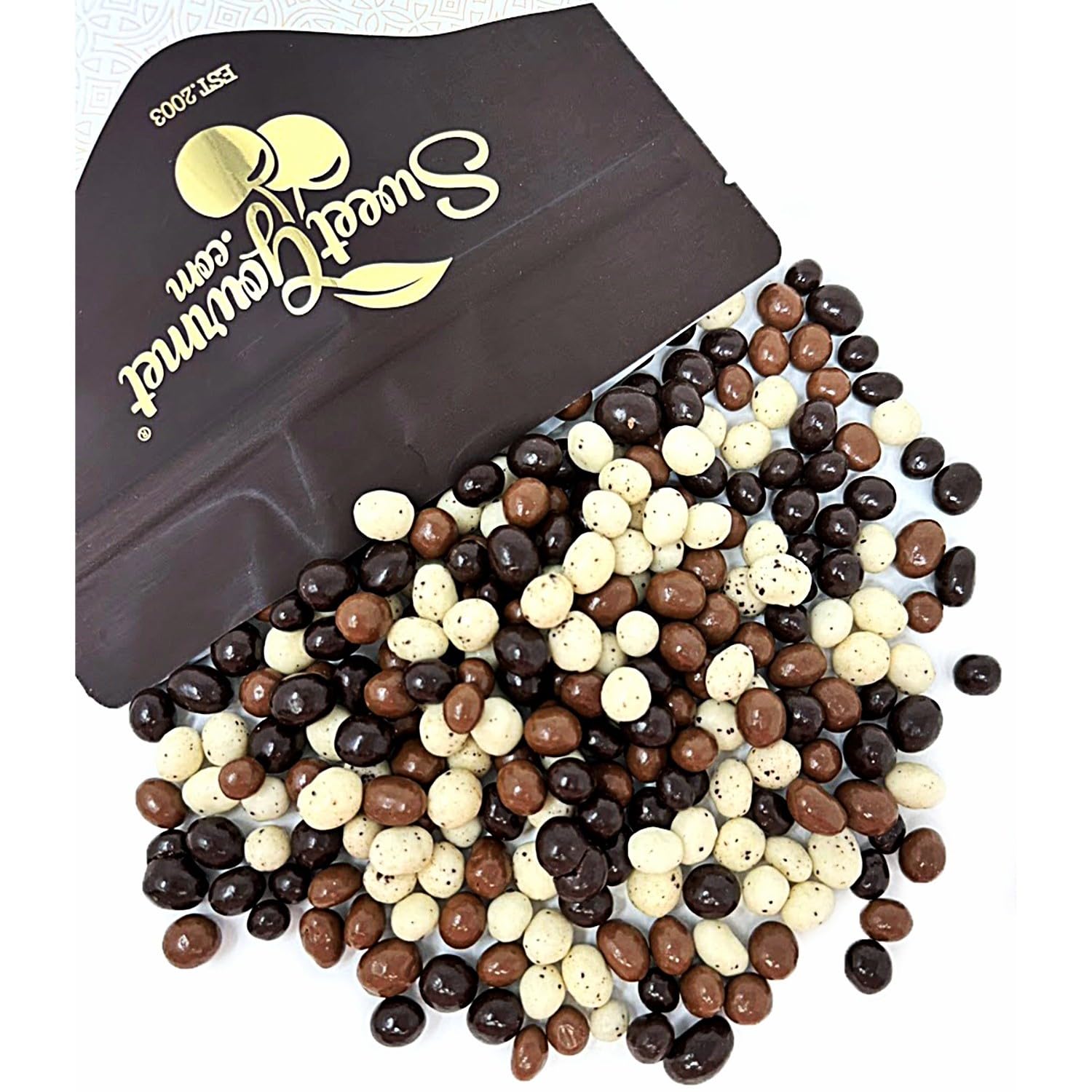 SweetGourmet chocolate-covered espresso beans in white chocolate offering a crisp coffee-forward bite.