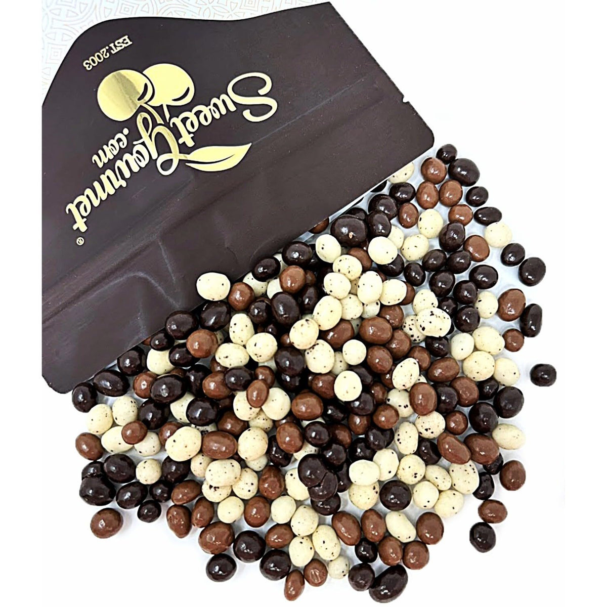 SweetGourmet chocolate-covered espresso beans in white chocolate offering a crisp coffee-forward bite.