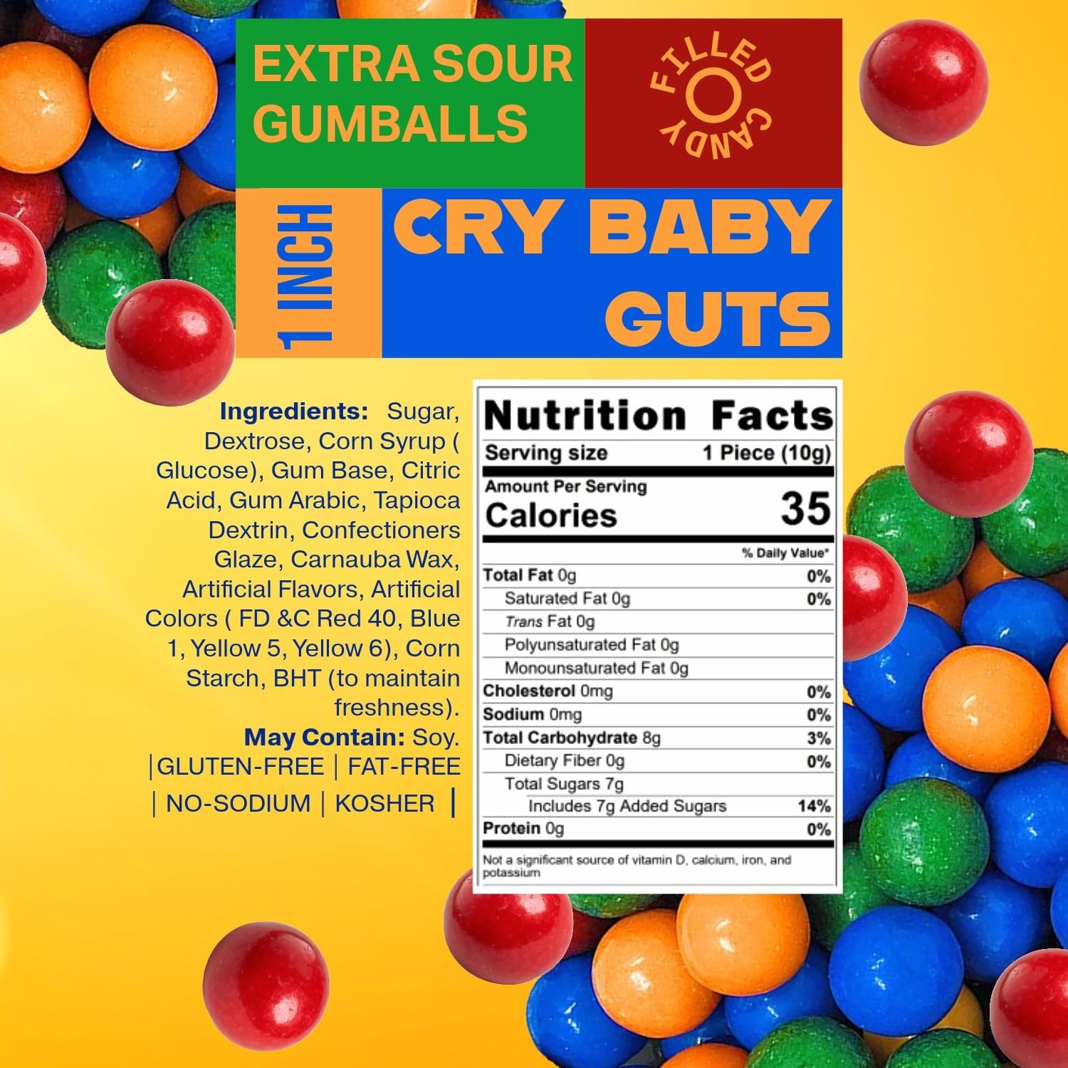 Close-up of the sour shell and powder center highlighting Cry Baby Guts' tangy flavor.