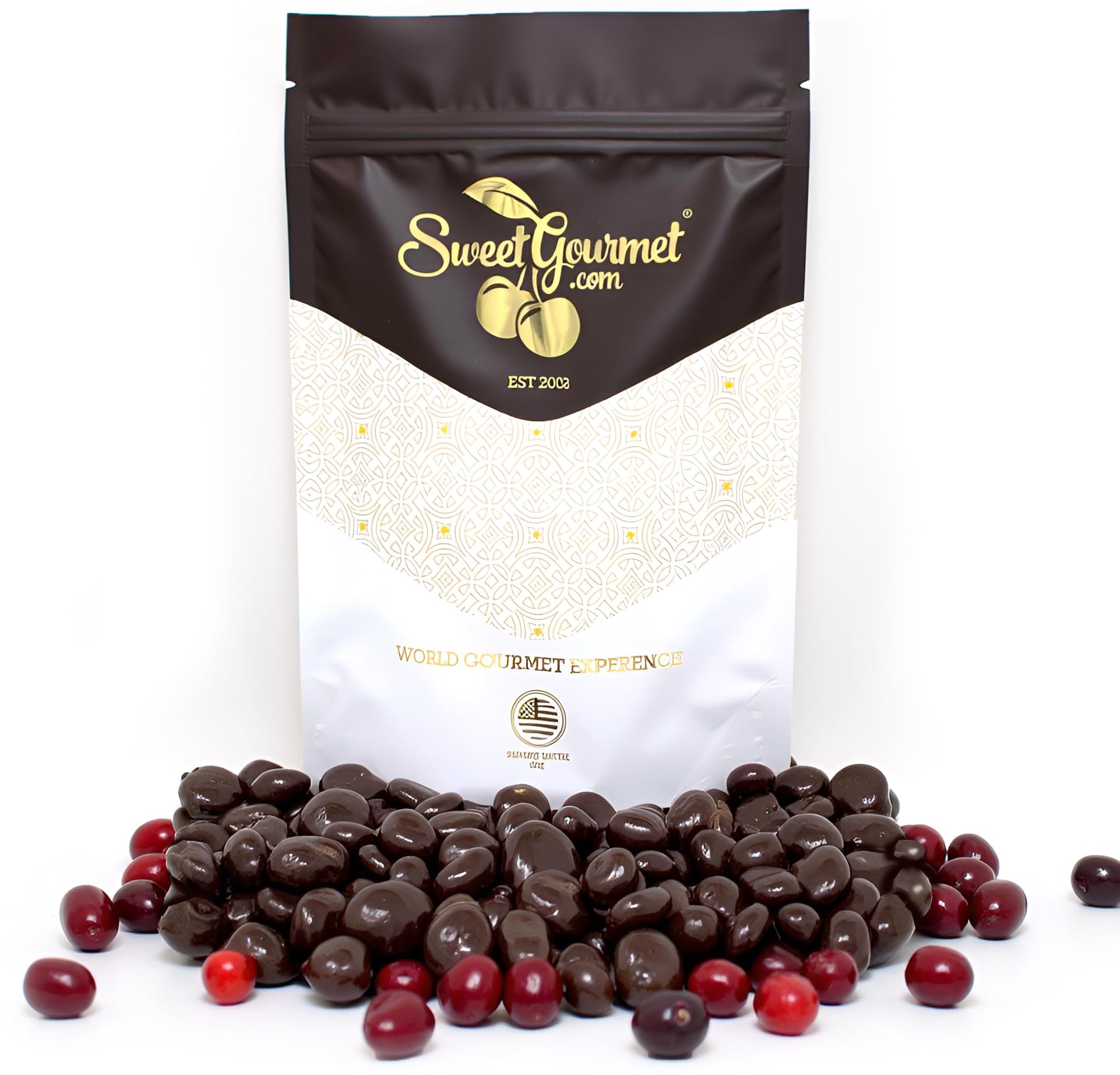 SweetGourmet dark chocolate cranberries in a bag for convenient snacking.