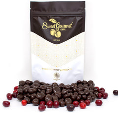 SweetGourmet dark chocolate cranberries in a bag for convenient snacking.