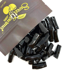 SweetGourmet Finnska soft black licorice bites, glossy finish and mellow flavor.