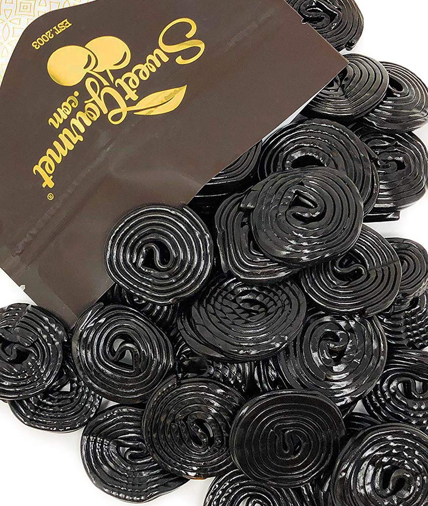 SweetGourmet Italian black licorice wheels close-up for snacking