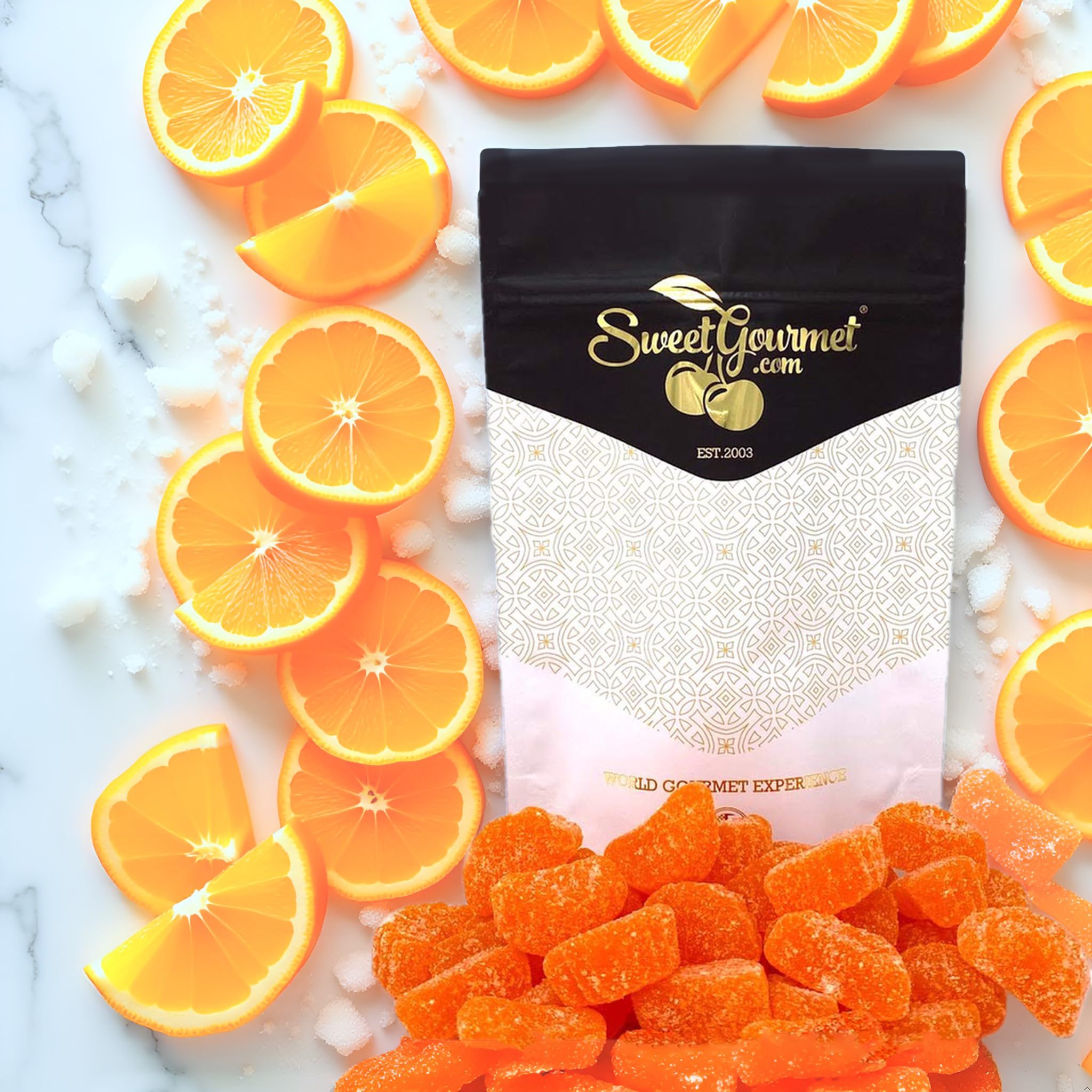 SweetGourmet naturally flavored orange slices with gluten-free assurance.