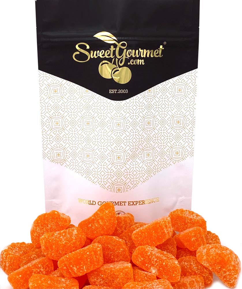 SweetGourmet Orange Fruit Slices close-up showing sugar-coated chewy gummies for snacking