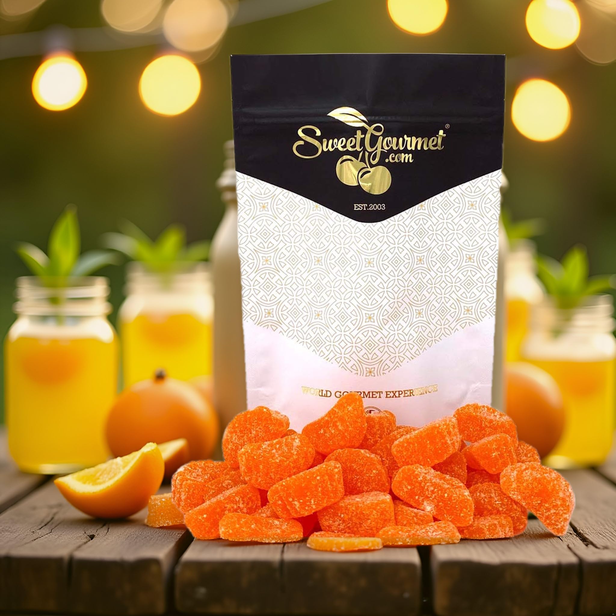 SweetGourmet Orange Fruit Slices candy dish presentation with bright orange slices