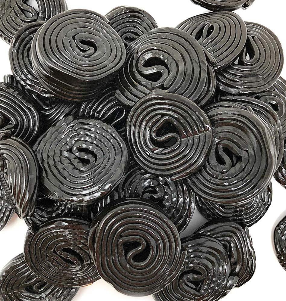 SweetGourmet packaged black licorice wheels in stand-up pouch