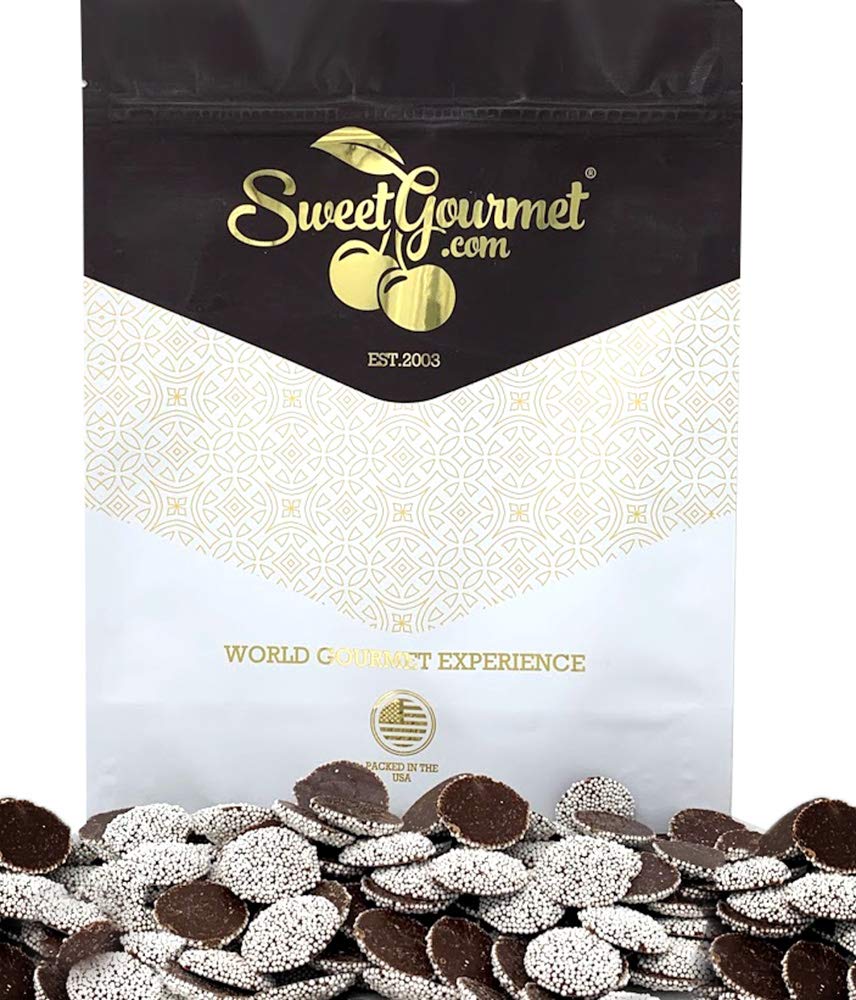 SweetGourmet Regular Nonpareils dark chocolate discs front view with white topping, inviting snack option