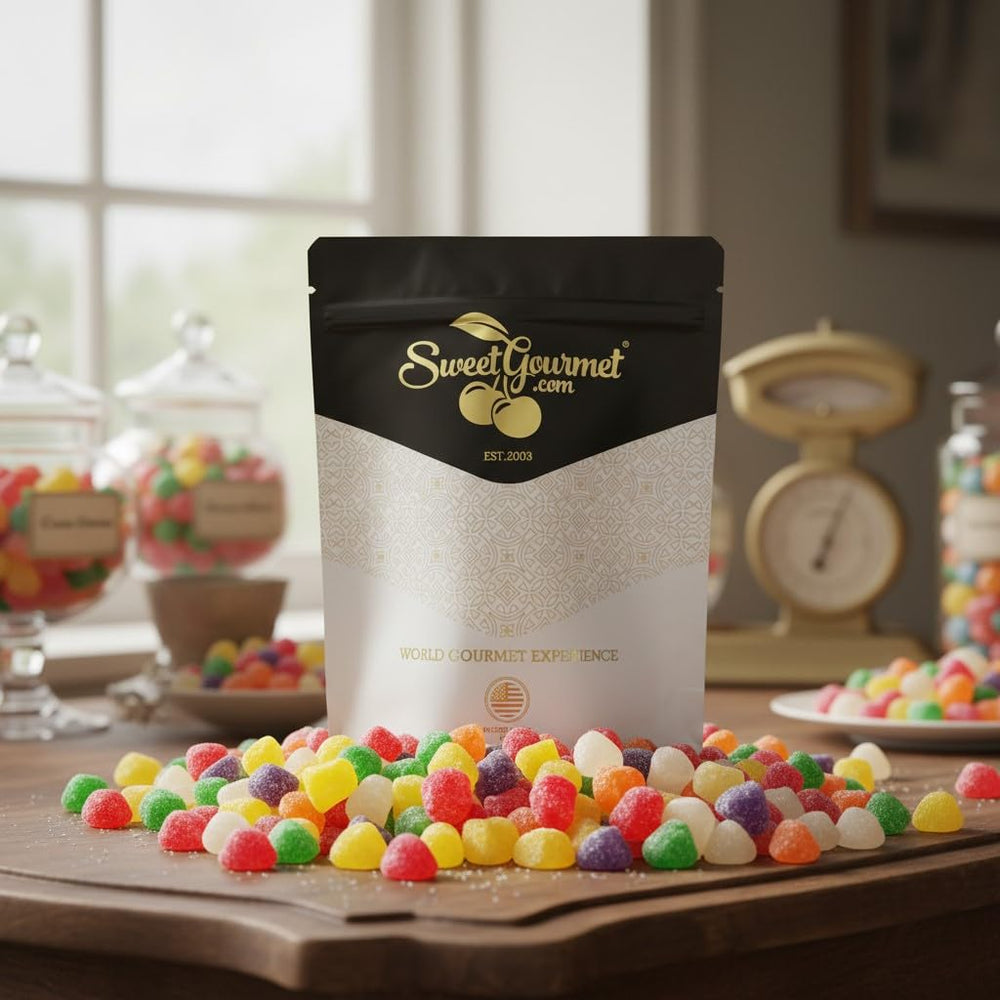 SweetGourmet Spice Drops made-in-USA label, authentic old-fashioned candy experience.