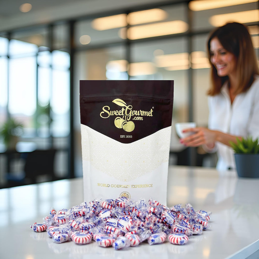 SweetGourmet Peppermint Starlight Mints packaging and zip closure for freshness.
