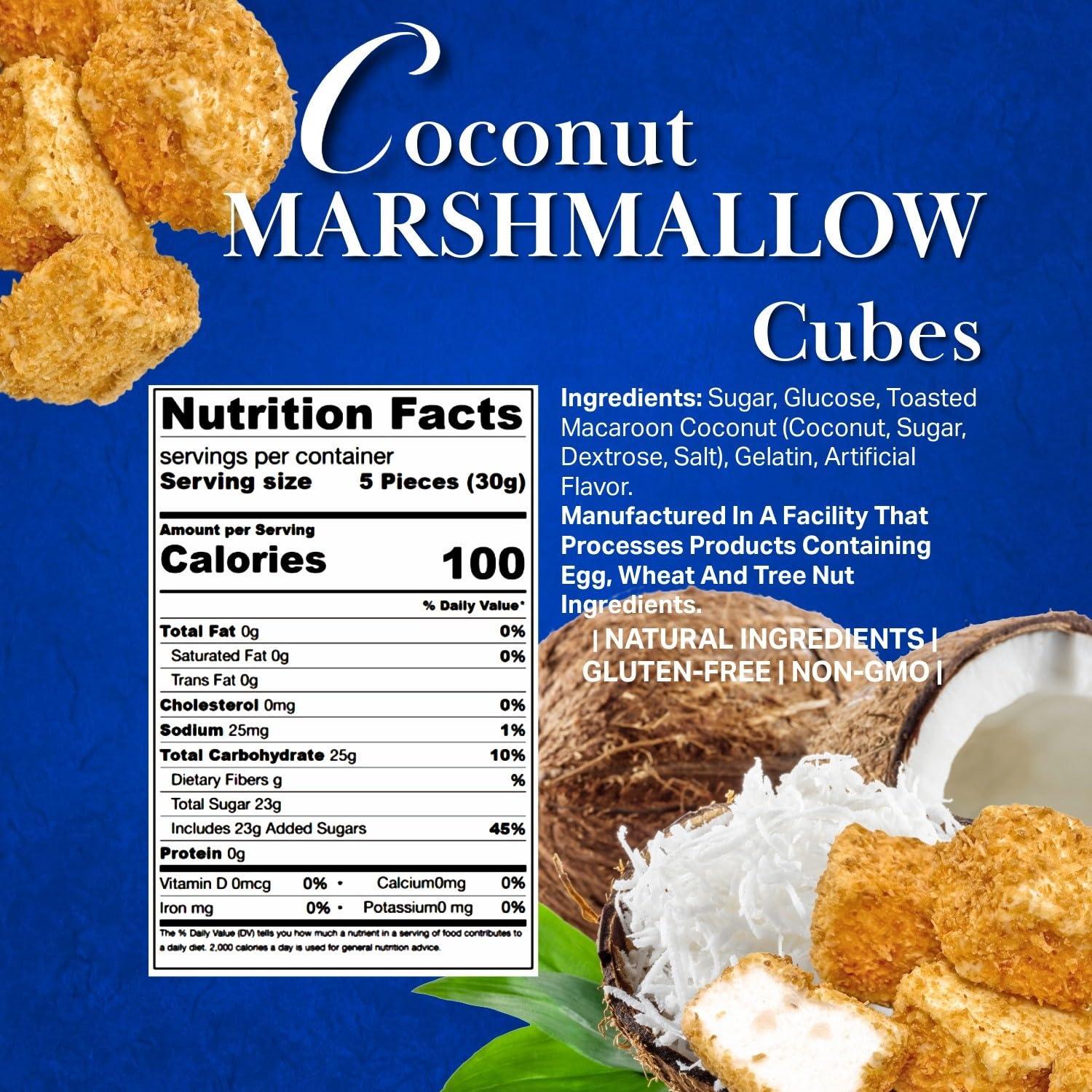 SweetGourmet bag of coconut-coated marshmallow cubes opened to reveal texture.
