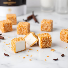 Close-up of marshmallow cubes on a platter showing soft interior and coconut crust.