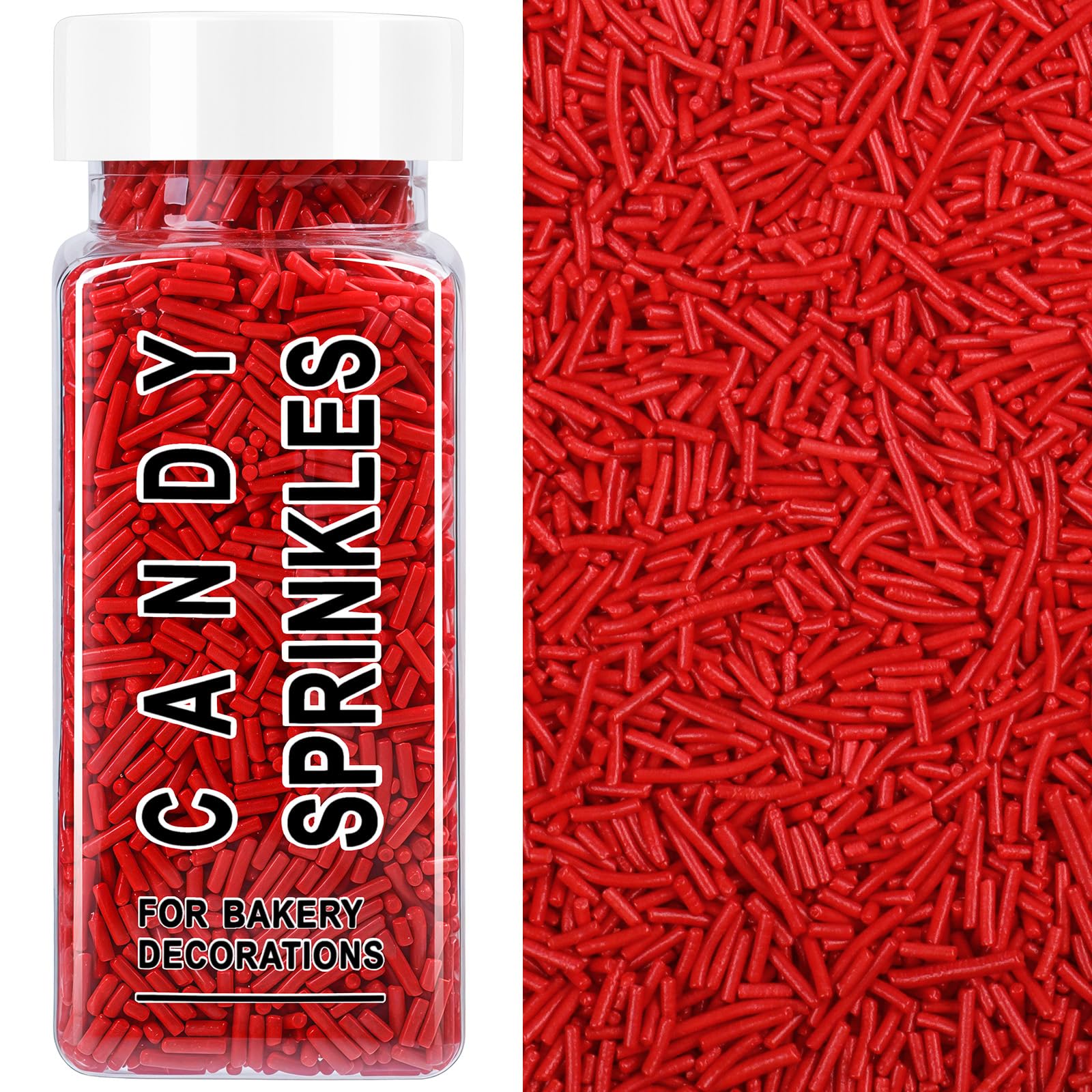 SweetGrove Red Sprinkles bottle close-up for vibrant holiday dessert toppings.