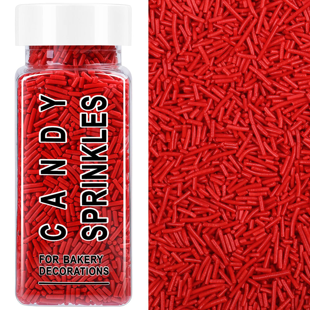 SweetGrove Red Sprinkles bottle close-up for vibrant holiday dessert toppings.