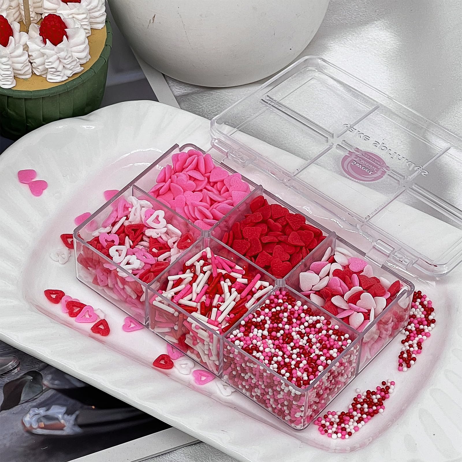 SweetGrove Valentines Sprinkles pink heart designs for cookies and cupcakes.