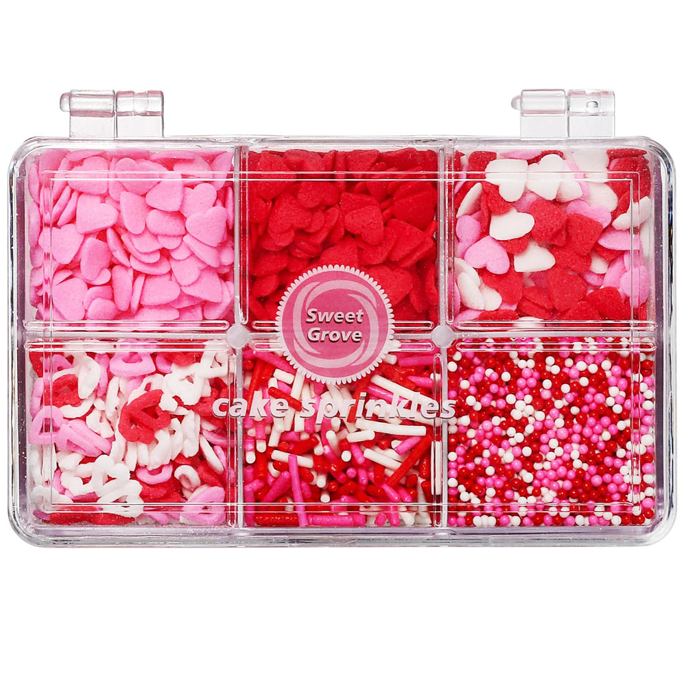 SweetGrove Valentines Sprinkles red heart designs for cake decorating.