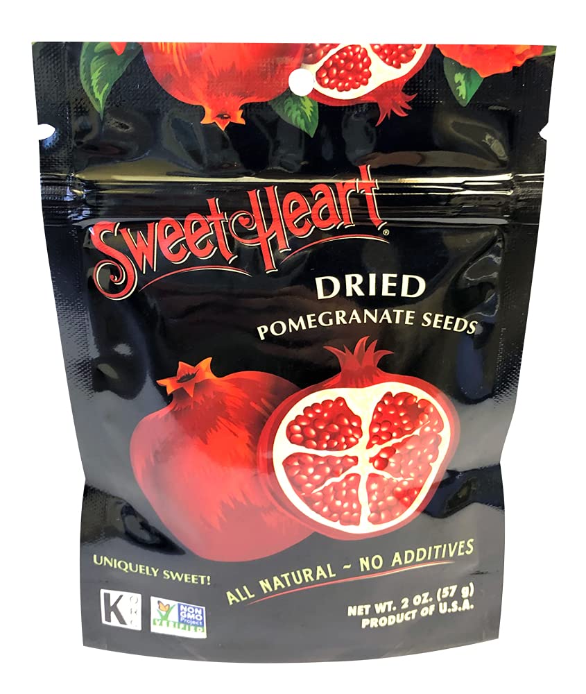 SweetHeart dried pomegranate seeds packaging – all-natural snack option.