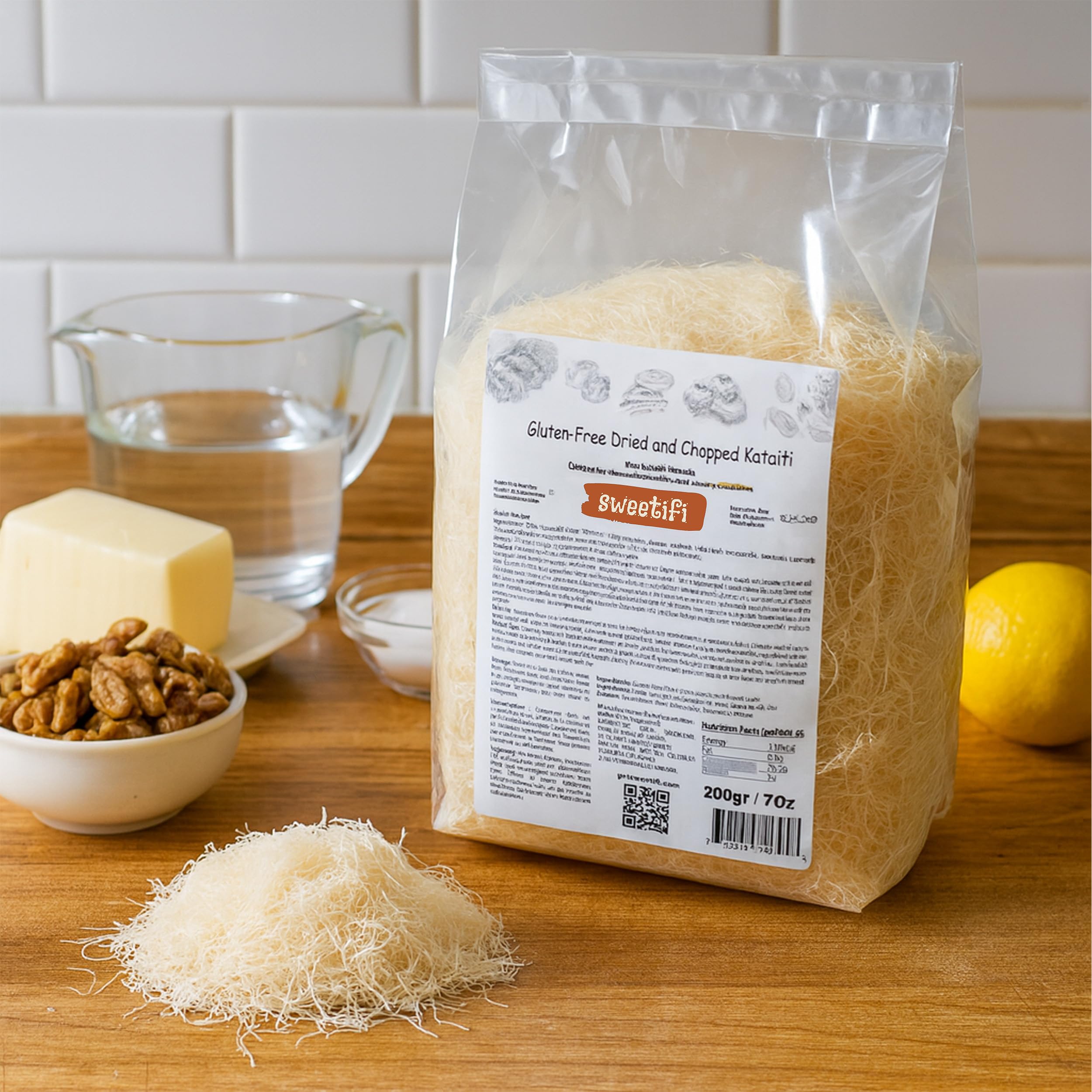 Sweetifi gluten-free kataifi dried crumbs for easy Kunafa preparation.